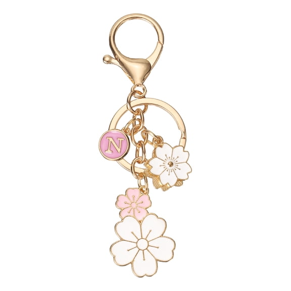 Uxcell Initial Keychain, Flower Charm Letter-N Key Chain Cute Cherry Blossom Letter Keyring for Women Car Keys Handbags Purse Backpack Accessory Gift, Pink