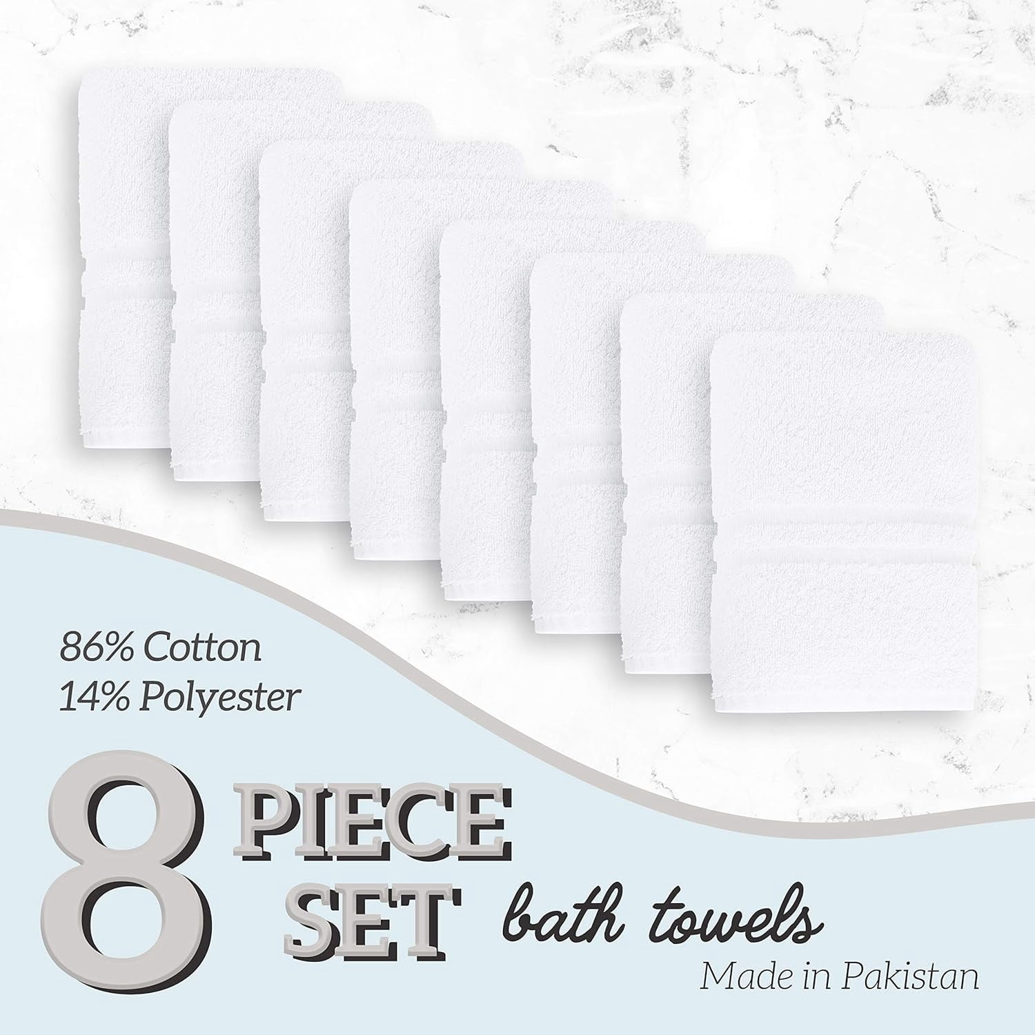 Luxury Bath Towel - White Large Bath Towels Pack for Spa, Gym, Bathroom, Hotel - 86% Cotton 14% Polyester -Super Soft, Thick and Absorbent 24 x 50 Bulk Bath Towel - (8-Pack)