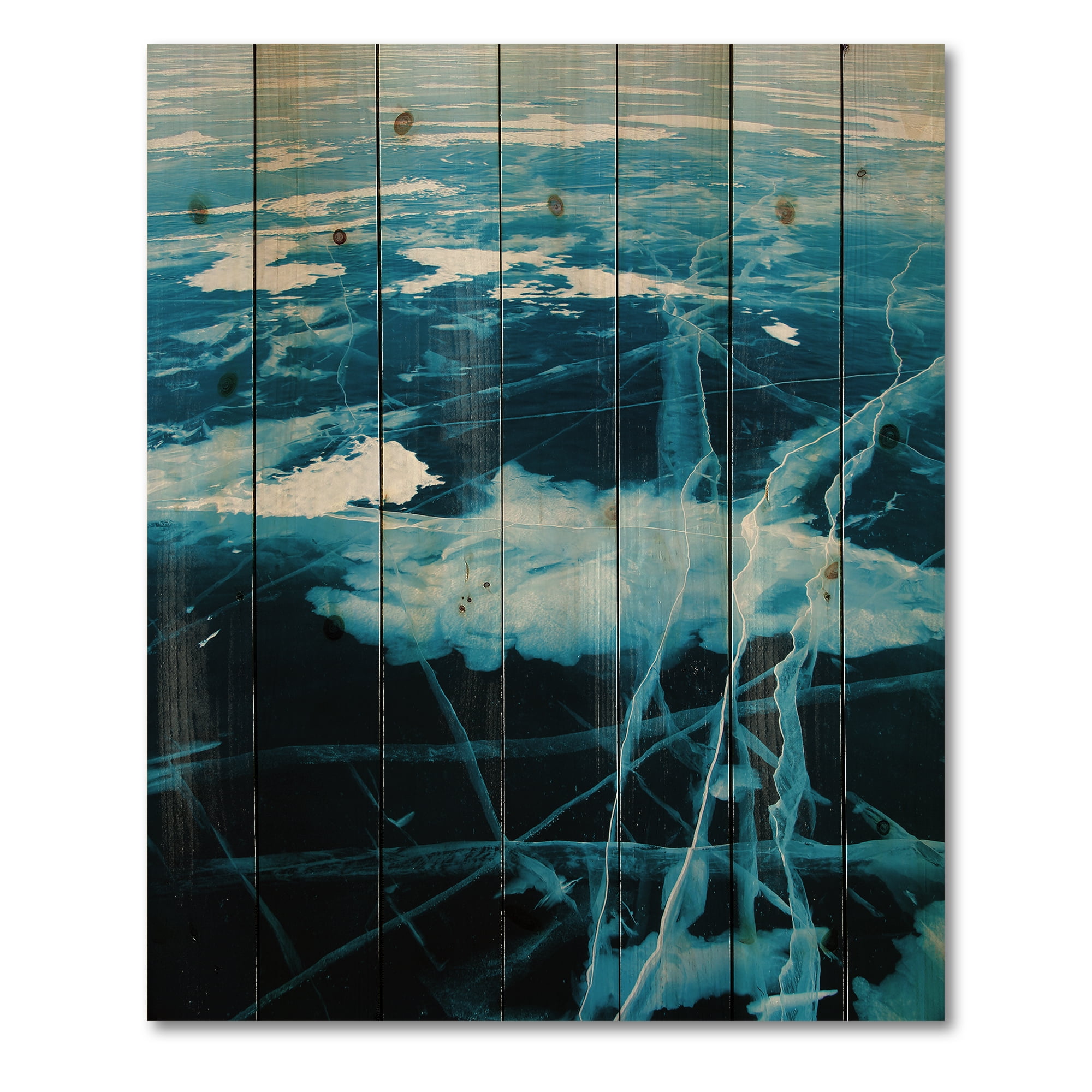 Designart 'White and Blue Ice Structure I' Modern Print on Natural Pine Wood