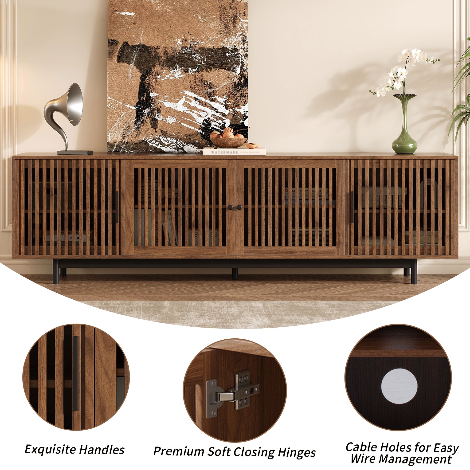 TV Stand for TVs up to 85 Inch, Entertainment Center with Slatted Doors & Cable Management, Media Console with Solid Wood Legs for Living Room