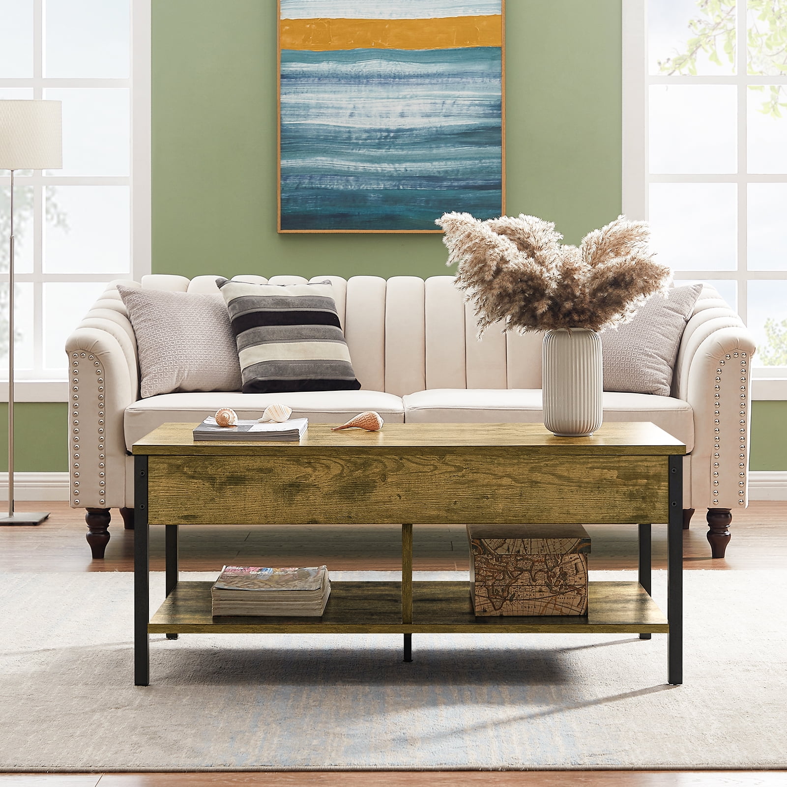 Resenkos 41" Modern Lift Top Coffee Table with Black Metal Frame Dining Center Table for Living Room Furniture