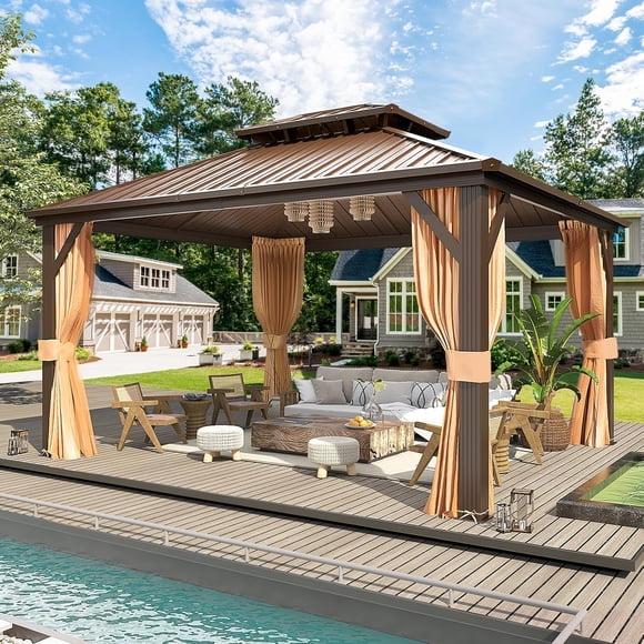 MELLCOM 12'x14' Hardtop Gazebo, Metal Double Roof Aluminum Gazebos with Curtain and Netting,Brown Permanent Galvanized Steel Pavilion for Patio, Lawn & Deck