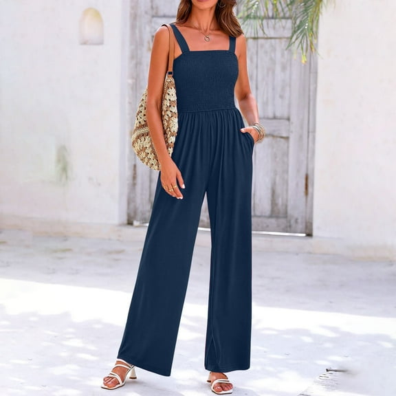 Women Casual 1 Piece Jumpsuit Summer Smocked Top Adjustable Strap Jumper with Pocket Ruched Wide Leg Long Pant Playsuit, Navy, XL