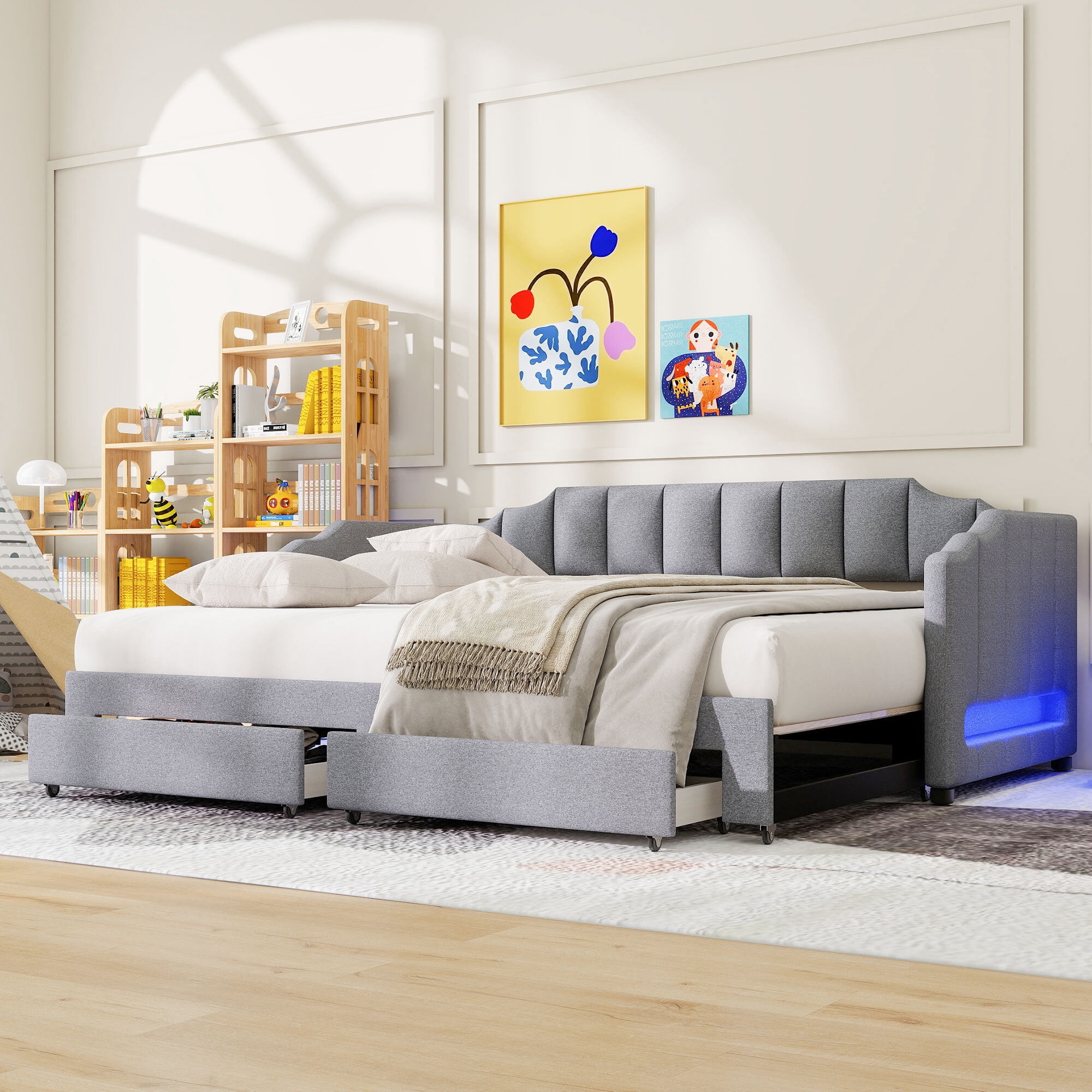 Euroco Upholstery Twin XL Extendable Daybed with Drawers & LED Lights, Convertible to King Size, Modern Beige Fabric, Multi-Functional Sleeper Sofa, Gray