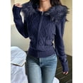 thumbnail image 5 of Women'S Zip Up Cardigan Sweater Cable Faux Fur Hoodies Long Sleeve Jacket Knit Outfits Y2K Navy Blue M, 5 of 9