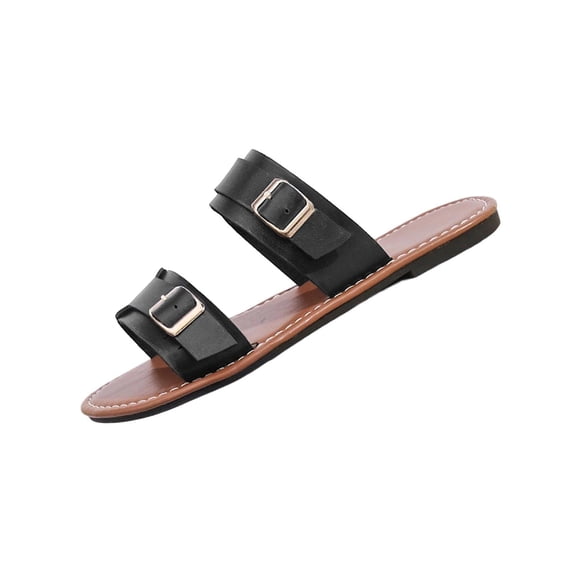 Womens Two Band Adjustable Buckle Slide Sandals Flat Faux Faux Leather Casual Summer Beach Shoes Black,Size 6.5