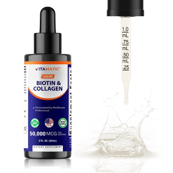 Vitamatic Liquid Biotin & Collagen Drops – 50,000 mcg – 2 fl oz Supports Healthy Hair Growth, Glowing Skin & Strong Nails – for Women and Men