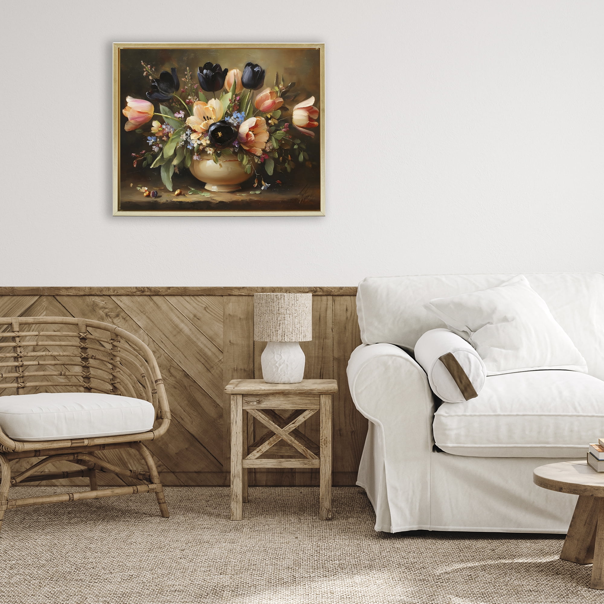 Stupell Industries Black Tulips & Peach Bouquet Gold Framed Floater Canvas Wall Art, design by Franklyn Gregory