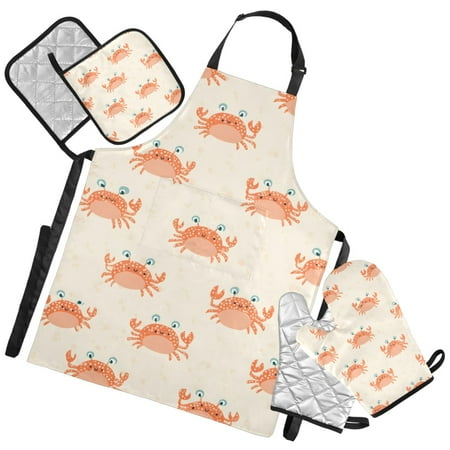Ryvnso Orange Crab Pattern Kitchen Apron Oven Mitts Set Pot Holders