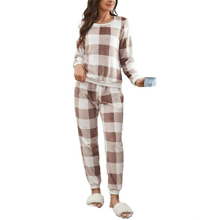 

Women s Pajama Sets Multicolor Casual Gingham Round Neck Pant Sets Long Sleeve