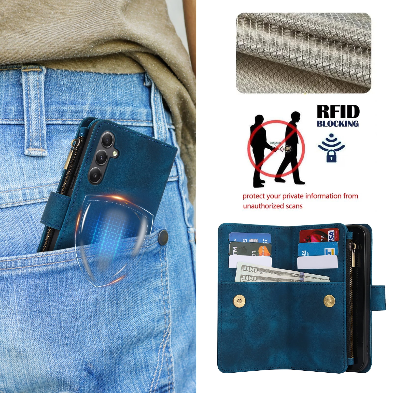 for Samsung Galaxy A16 4G/5G Wallet Case with Card Holder for Women Men, Phone Case RFID Blocking PU Leather Flip Shockproof Cover with Shoulder + Wrist Strap Zipper Credit Card Slots Stand, Blue