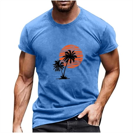 Lightning Deals Of Today Prime JinYiQing Summer TShirt for Men Print Fashion T-Shirt Casual Tee Top 2024 Summer Sunset Coconut Tree Printed T-Shirt Top Trendy