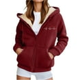 thumbnail image 2 of Wang6 Full Zip up Winter Hoodies for Womens Plus Size Fleece Liner Heart Printed Hooded Sweatshirts Trendy Drawstrings Long Sleeve V Neck Loose Fit Tops with Pockets Wine XL, 2 of 4