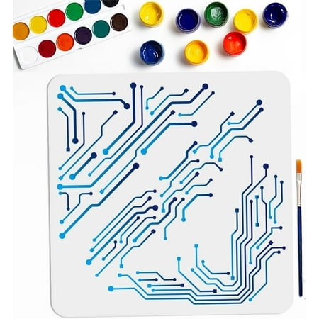 Circuit Lines Stencil 11.8×11.8inch Circuit Corners Technology Painting Stencils 3 Patterns with Paint Brush Electricity Line Trend Templates for Wood Wall Furniture Canvas Decor DIY