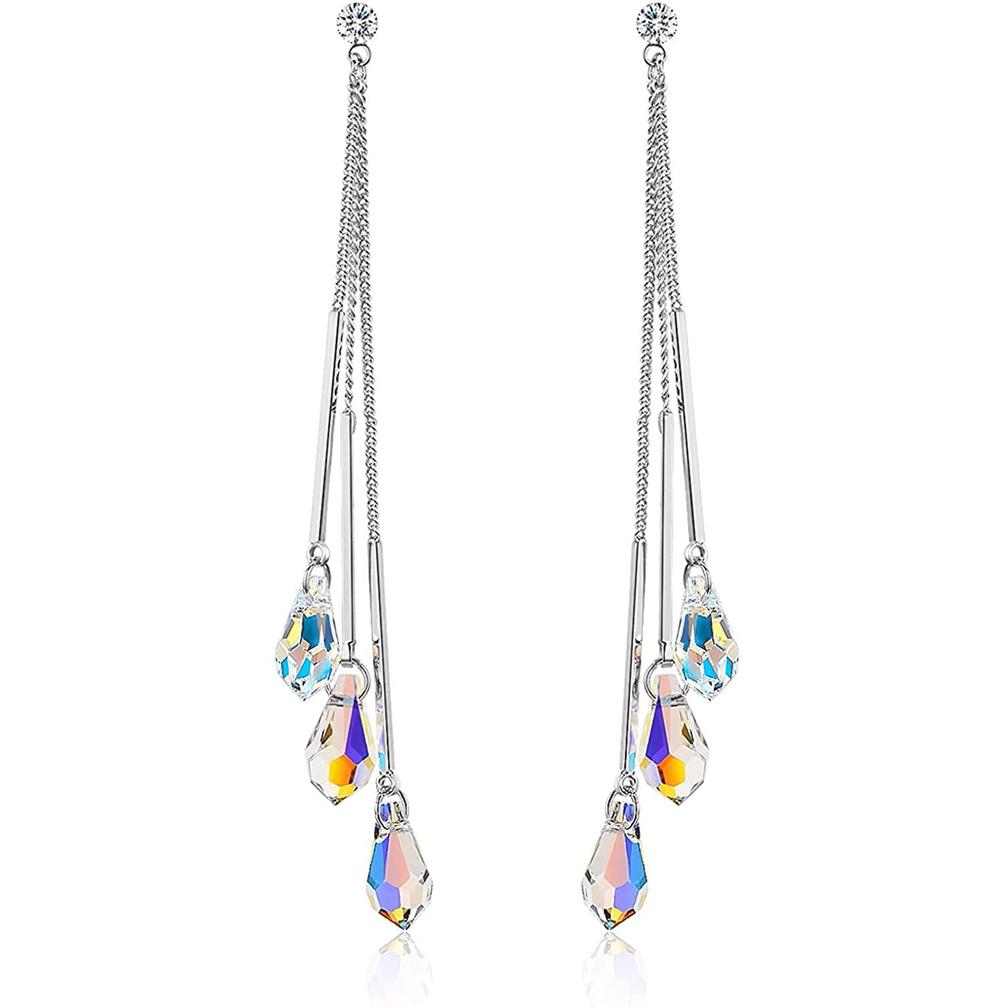 Savlano 14K White Gold Plated Aurora Borealis Drop Cut 18 Inches Pendant Chain Necklace For Women & Girls 