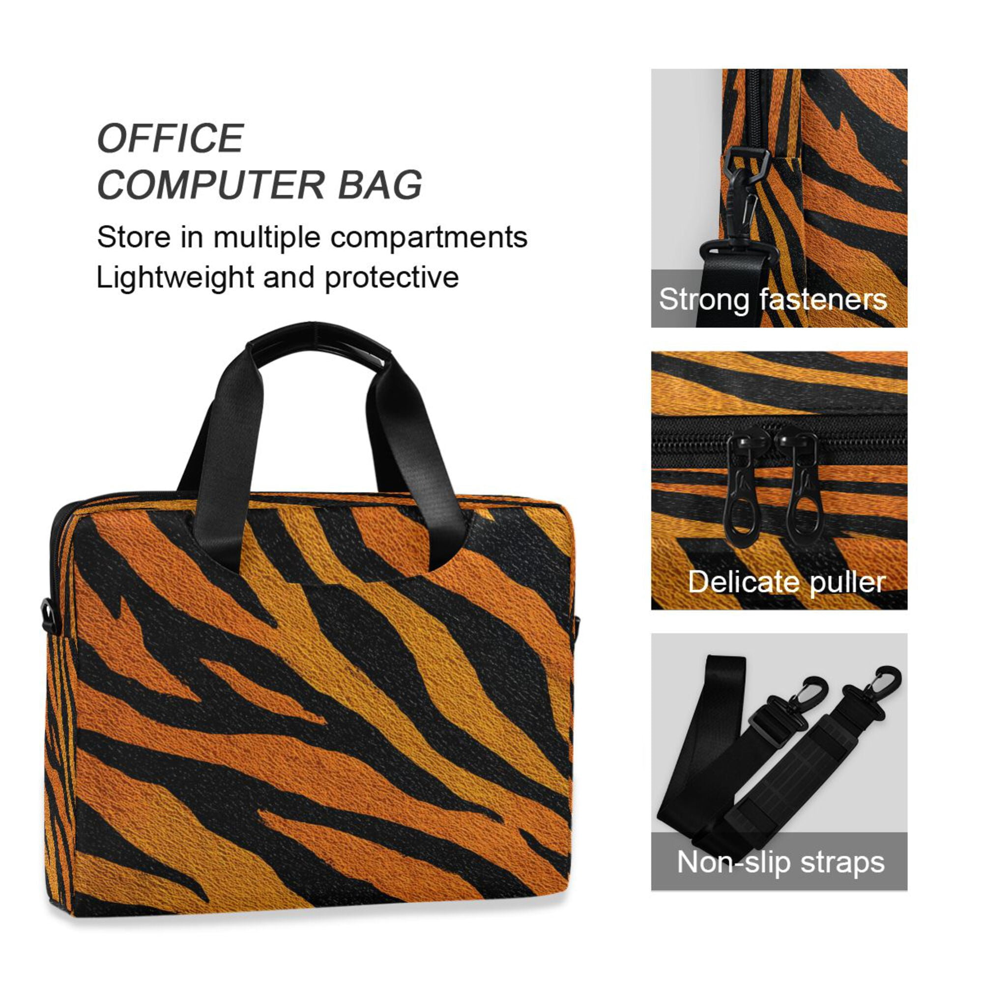 16" Laptop Briefcase, Detachable Anti-Slip Shoulder Strap, Multi-Compartment Work Travel Bag Bright Amber Tiger Stripes