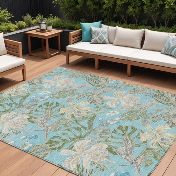 HomeRoots 618416 9 x 12 ft. Teal Blue, Olive Green & Beige Botanical Leaves Washable Indoor & Outdoor Rectangle Area Rug