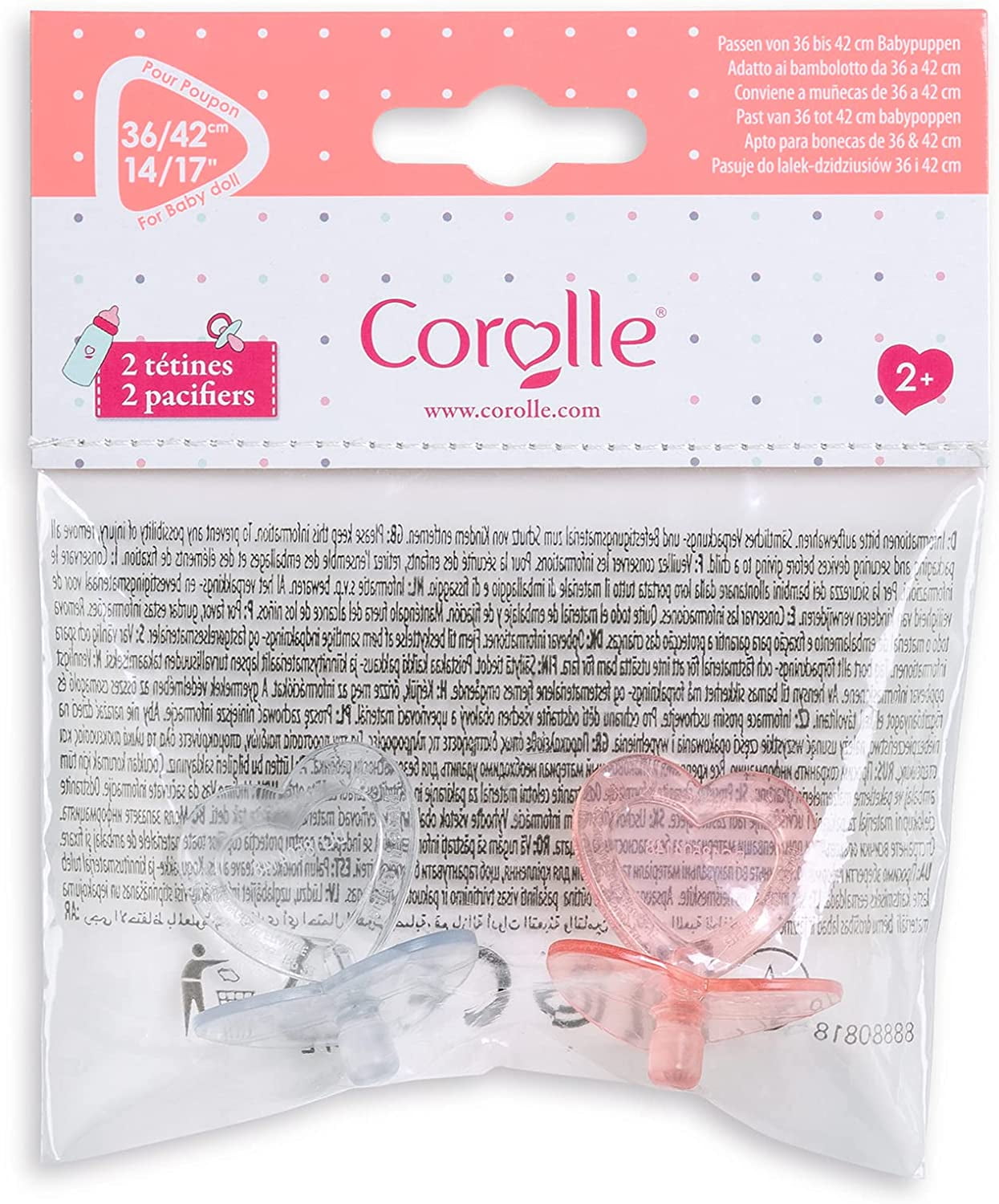 Corolle - Heart Shaped Doll Pacifier Accessory for 14-17 Dolls, 2 Pack,  Clear/Pink (140370) 