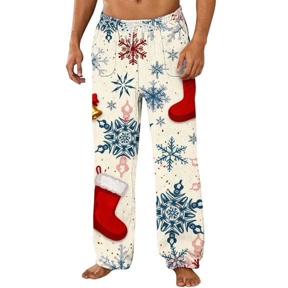 Mens Soft Flannel Christmas Pajama Pants Cute Xmas Tree Reindeer Snowflake Straight Lounge Pants