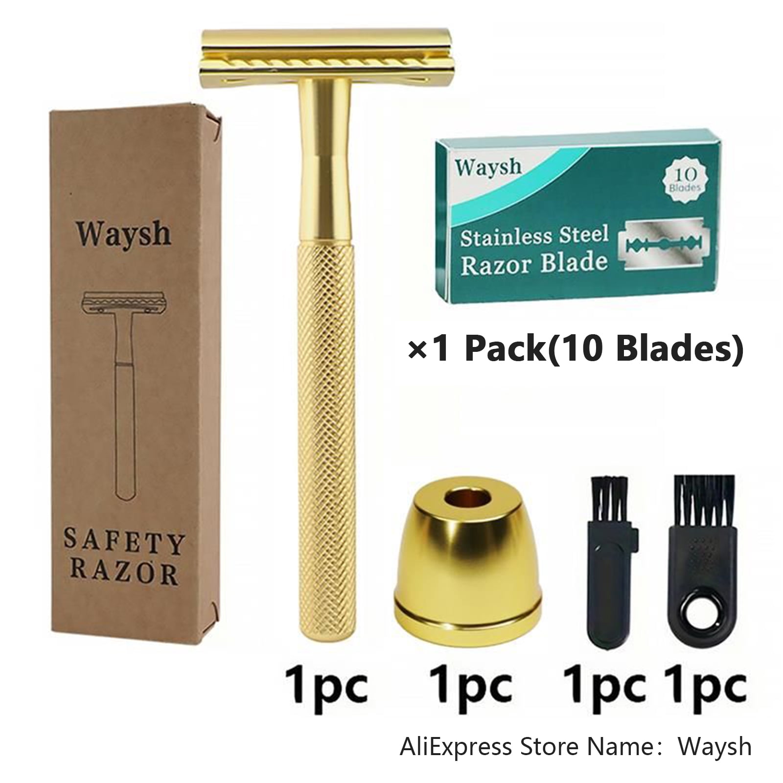 Waysh Elegant Wet Shave Weighted Handle Razor Kit with Matching Stand, Gold