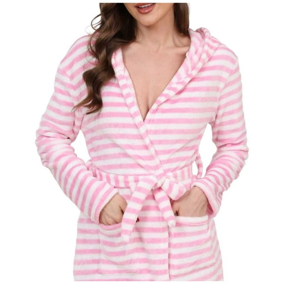 CAIXIA Womens Robes Lightweight Snap Front Women's Long Sleeve Hooded Robe Striped Winter Wear Cozy Soft Bathrobe for Home