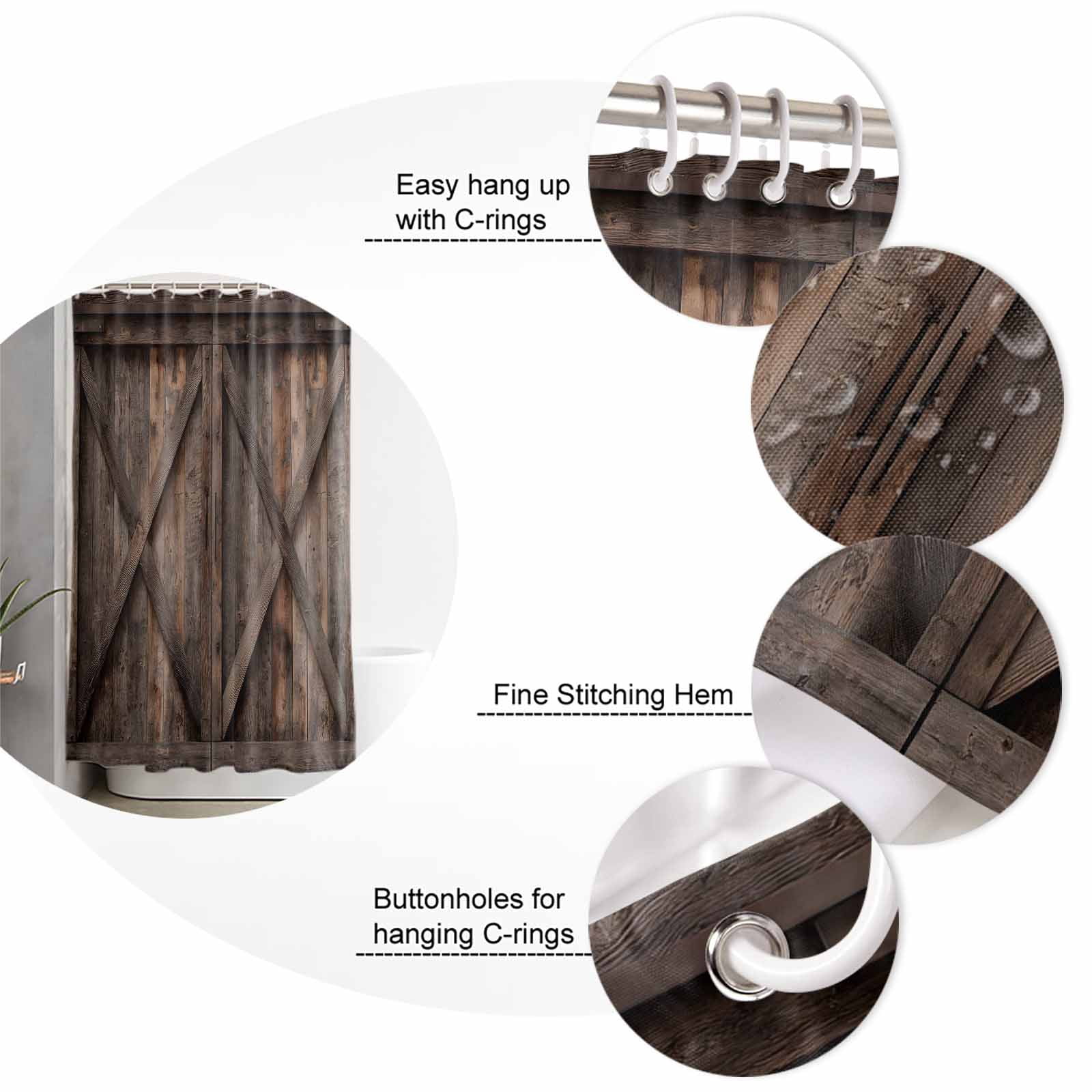 Farmhouse 4PCS Shower Curtains Set with Toilet Lid Cover Non-Slip Rugs, Brown Country Style Barn Door Distressed Wood Grain Waterproof Shower Curtain Set for Bathroom with 9 Hooks 36x72 In