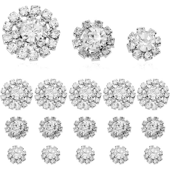 40Pcs 3 Styles Silver Rhinestone Buttons Zinc Alloy Flatback Sparkle Button Flower Shape Embellishments for DIY Jewelry Crafts Clothing Decoration Bag Accessories 12/14/19mm