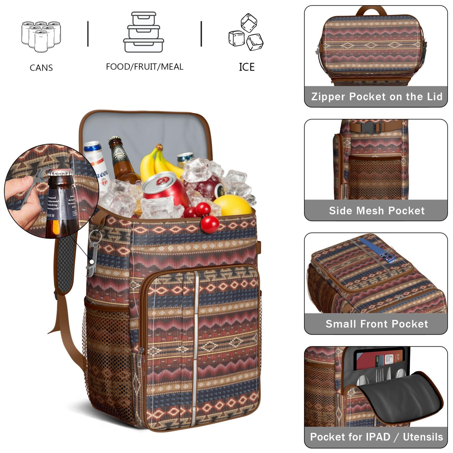 Travel Cooler Bag - Boho Bohemia Pioneer Flower Geometric Line Art Camping Beer Cooler Backpack with Bottle Opener- Waterproof Insulated Picnic Backpacks - Cooler Bag for Beach