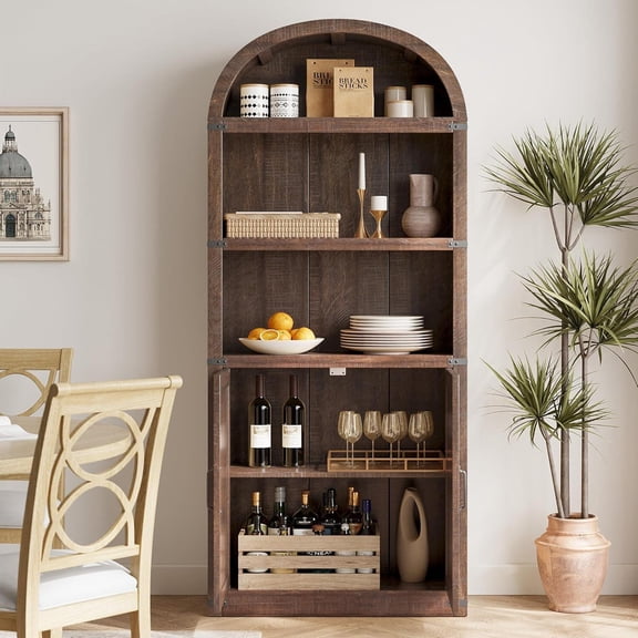 Bookcase with Doors Arched Bookshelf 71inch Tall Bookcase Farmhouse Cabinet with Shelves Wooden Bookshelves for Home Office Living Room-ReddishBrown