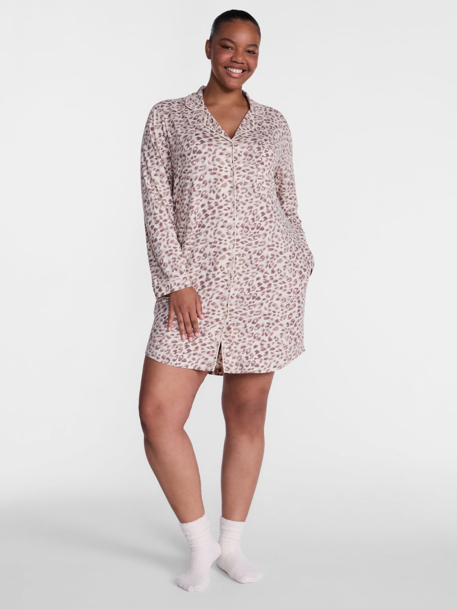 Joyspun Women's Dreamy Soft Collection Notch Collar Sleepshirt with Long Sleeves, Sizes XS-3X