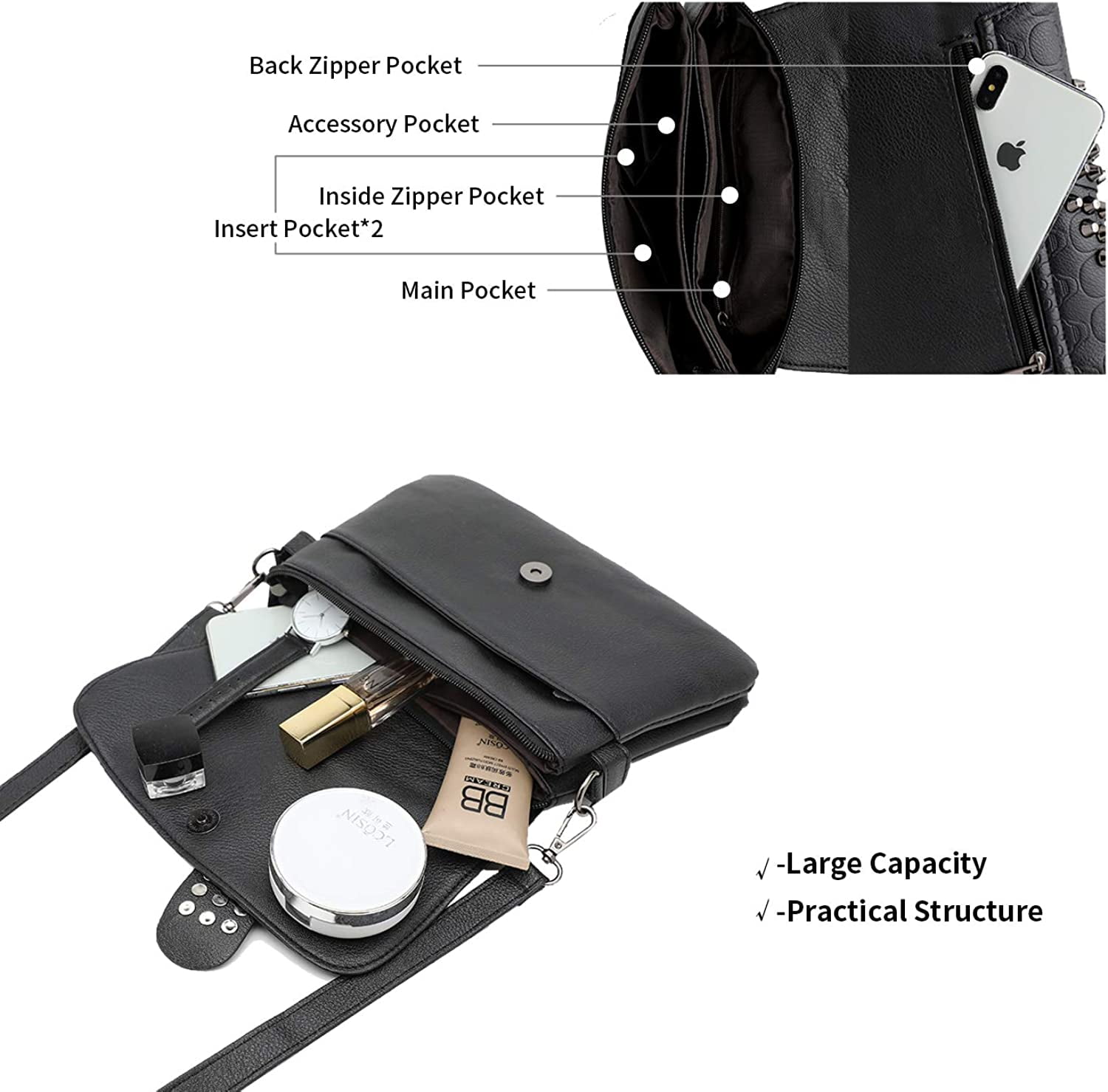 Womens Punk Skull Rivet Shoulder Bag PU Leather Goth Crossbody Bag with Chain Wallet Purse for Teen