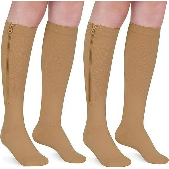 2 Pairs Wukang Zipper Compression Socks for Women & Men, 15-20 mmHg Closed Toe Compression Stocking with Zipper (Beige, L/XL)