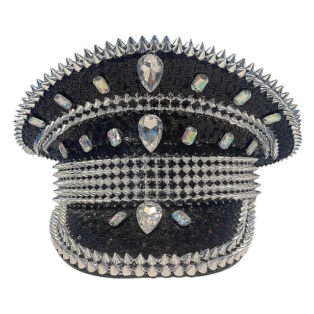 Rhinestone Adult Military Hat with Rivet Carnivals Party Hat Adult Music Festivals Captain Hat Adult Birthday Hat Silver