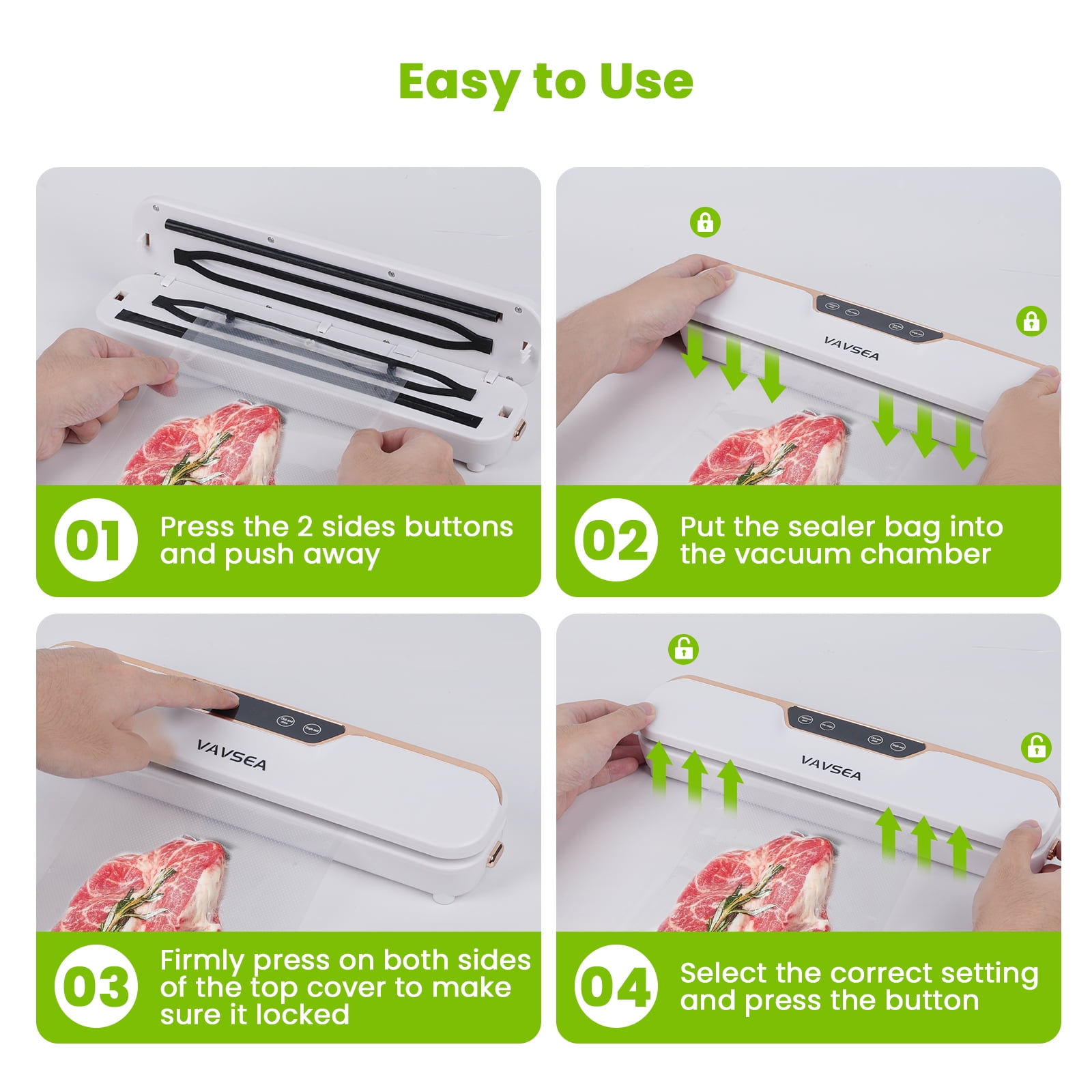 VAVSEA Vacuum Sealer, 62Kpa Food Sealer Machines with 4 Modes, Dry/Draw/Seal/Vac and 10Pcs Bags Starter Kit for Dry & Moist Food Storage Sous Vide for Kitchen