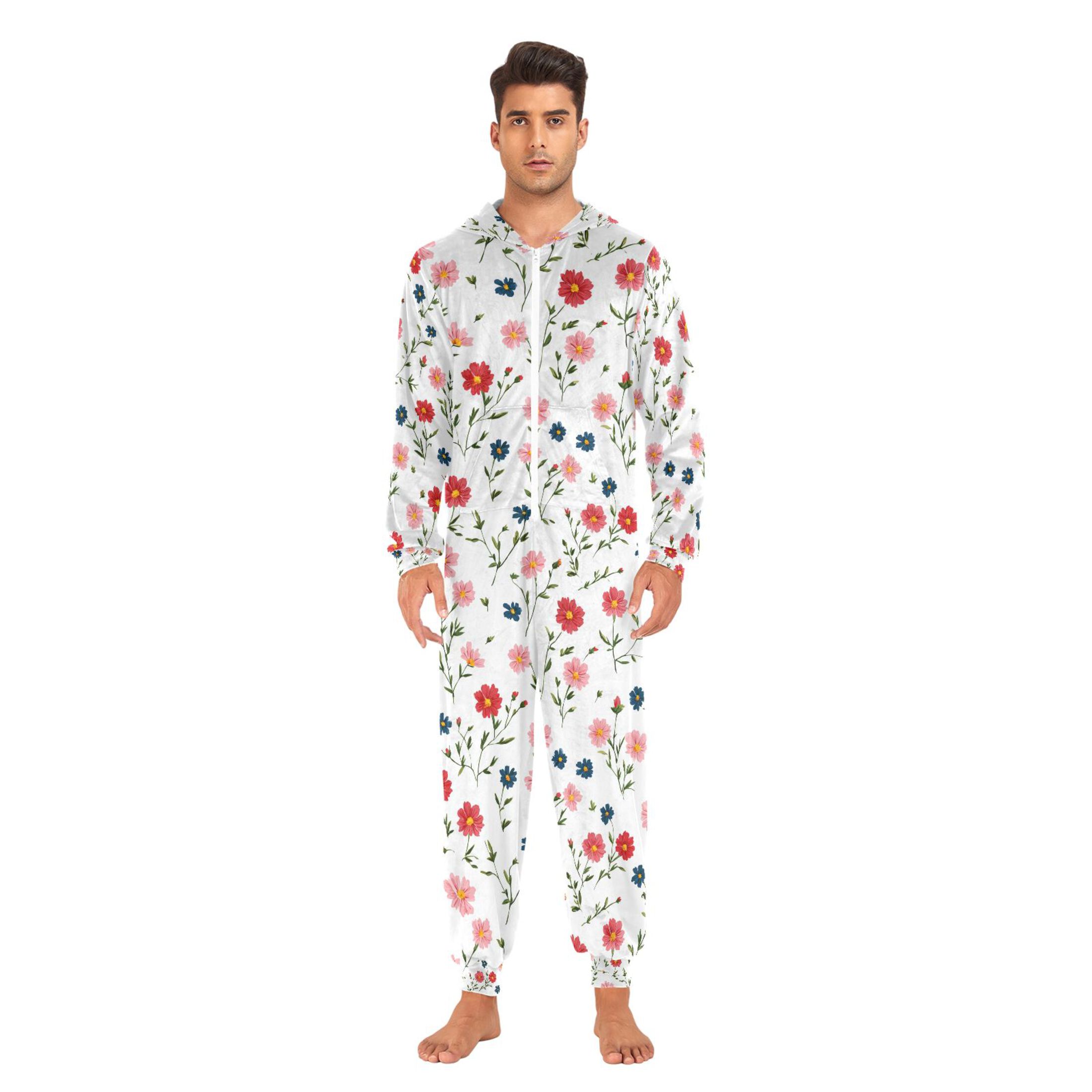 Adult Christmas Onesie Many Small Red Flowers Adult Zipper One-Piece Pajamas Unisex Pajamas with Pockets
