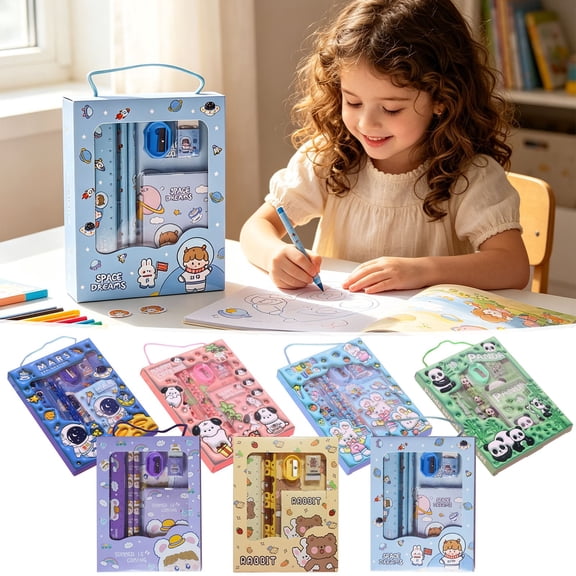 ShaoXinWan Stationery Gift Box, Cute Character Six Piece School Supply Set, Student Writing Kit for Birthday Holiday Present Home Office Party Desk Decorative Accent