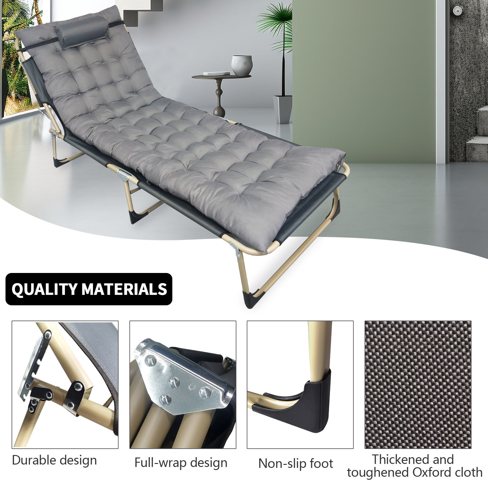 JSTUOKE 5-Fold Camping cot for Adults & Kids, Adjustable Folding Bed Reclining Folding Lounge Chairs with Pillow and Pearl cotton pad, Portable Intdoor Folding Sleeping Cots Bed
