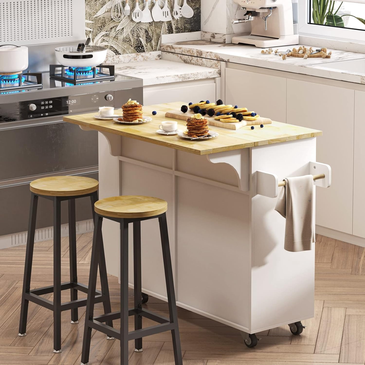 HAUXITIO Kitchen Island Cart with Drop Leaf,2 Drawers & Trash Can, Rolling Storage Cart with Spice Rack,White