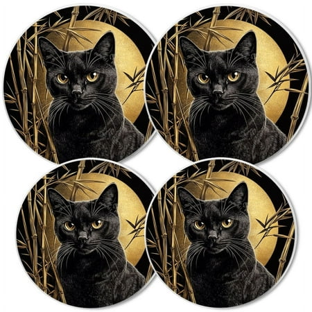 

Electric Stove Burner Covers Set of 4 White Round Cover for Gas Stovetop 8 and 10 Inch Black and Gold Cat with Bamboo Leaves In The Background