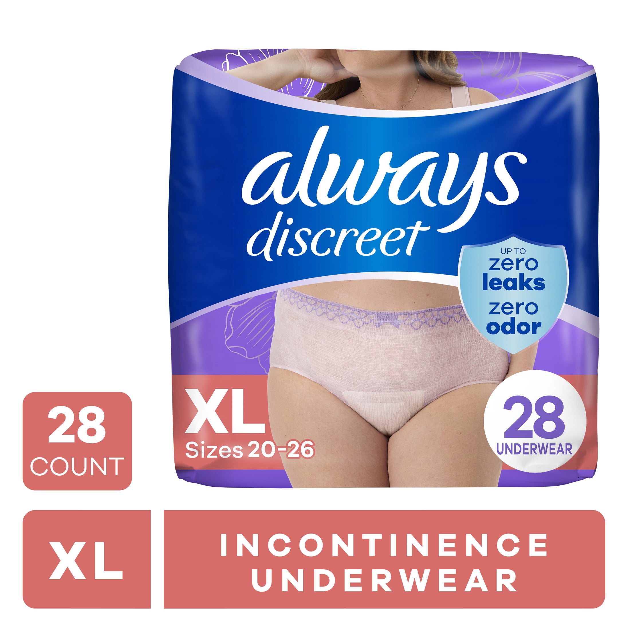 (4 pack) Always Discreet Adult Incontinence Underwear for Women and Postpartum Underwear, XL, Up to 100% Bladder Leak Protection, 28 Count