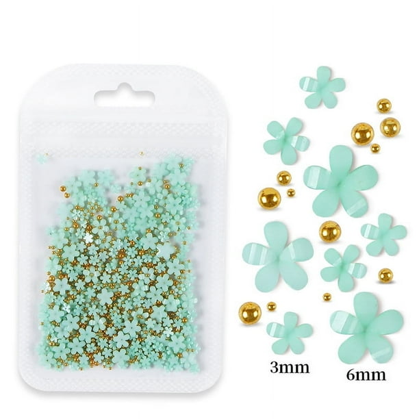 Bolsa de joyería con flores de cinco pétalos para decoración de uñas Joyería de flores acrílicas blancas y rosas con cuentas de oro y plata Flor de resina