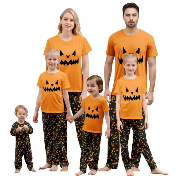 Onlypjs Halloween Family Matching Pajamas Set Pumpkin Face Sleepwear Orange Short Sleeve Tops with Black Pumpkin Print Pants Holiday Loungewear Outfit
