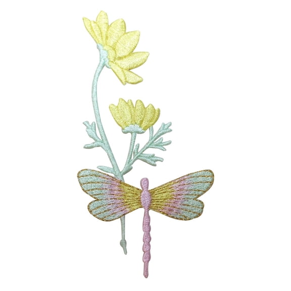 ID 1646A Dragonfly On Flower Patch Garden Craft Embroidered Iron On Applique
