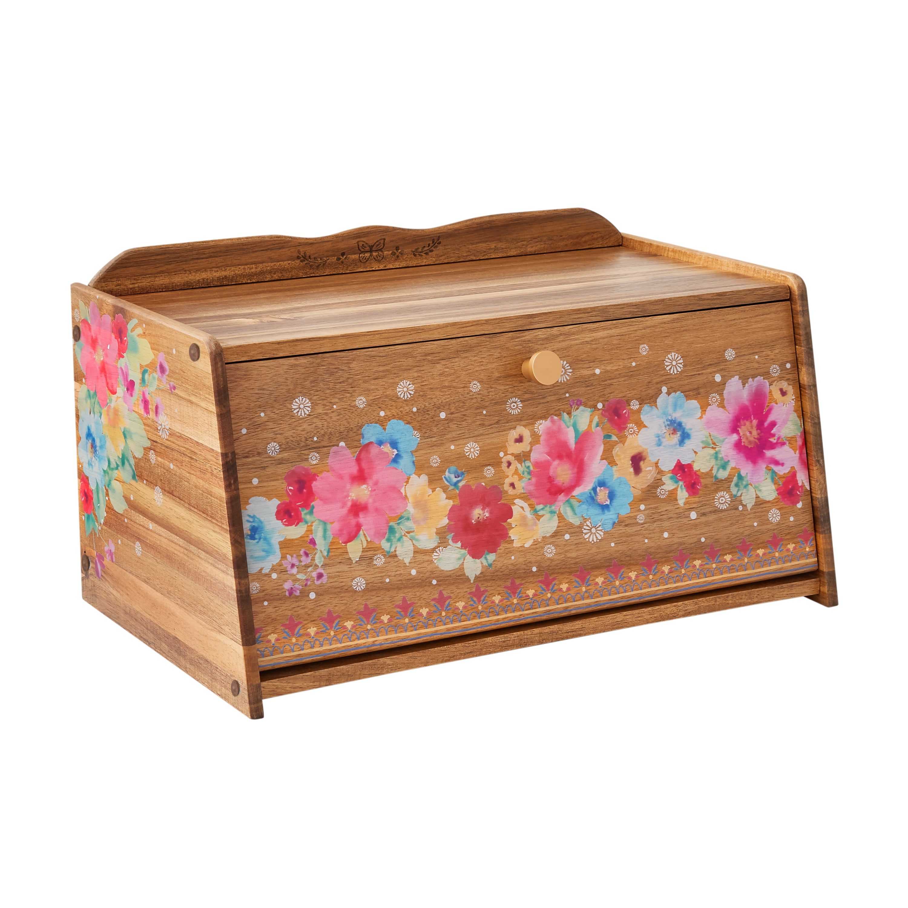 PIONEER WOMAN RECIPE BOX W/ CARDS BREEZY BLOSSOM ACACIA WOOD TURQUOISE DOTS 