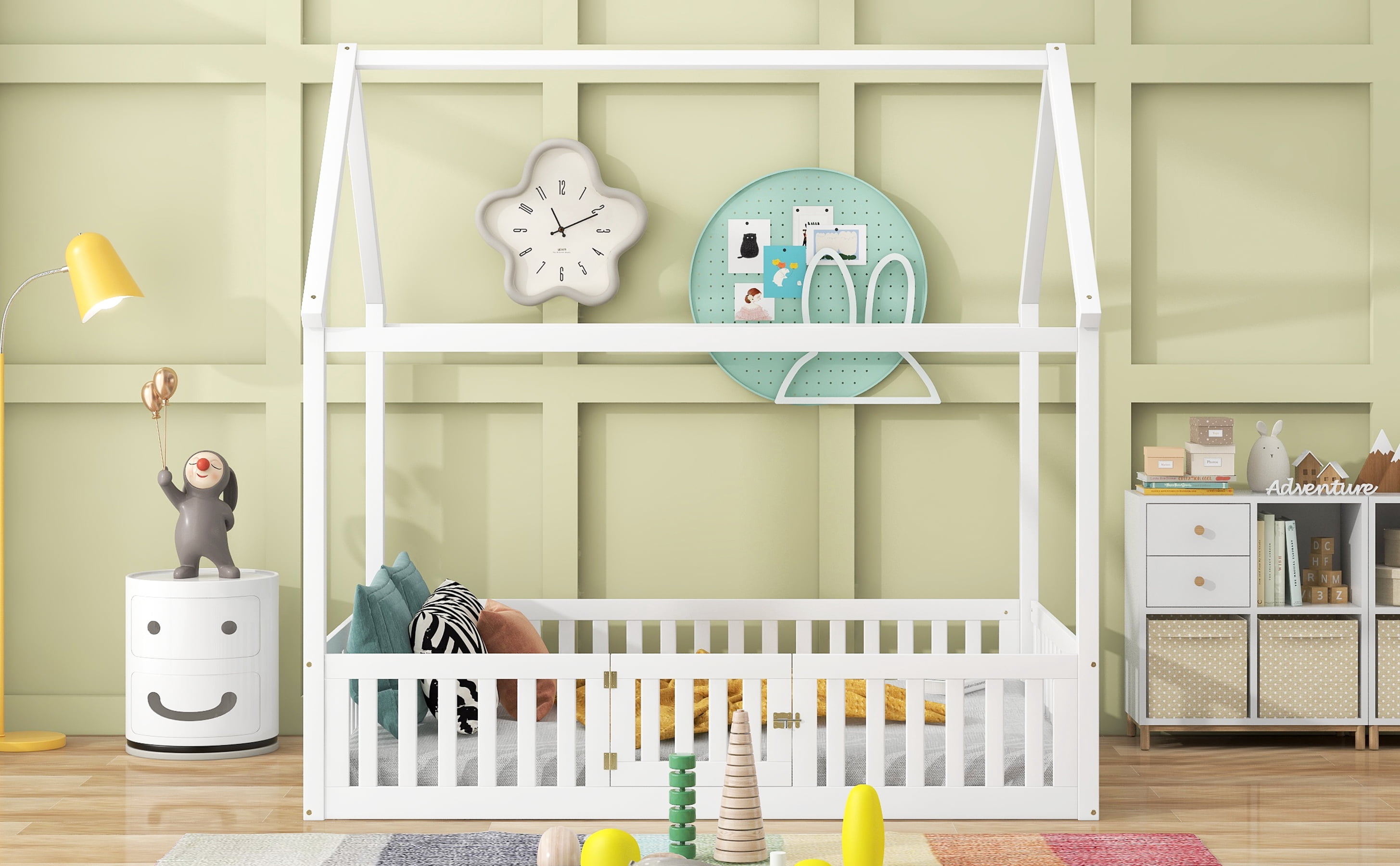 MAYEERTY Full Size Wood House Bed with Fence and Door, White