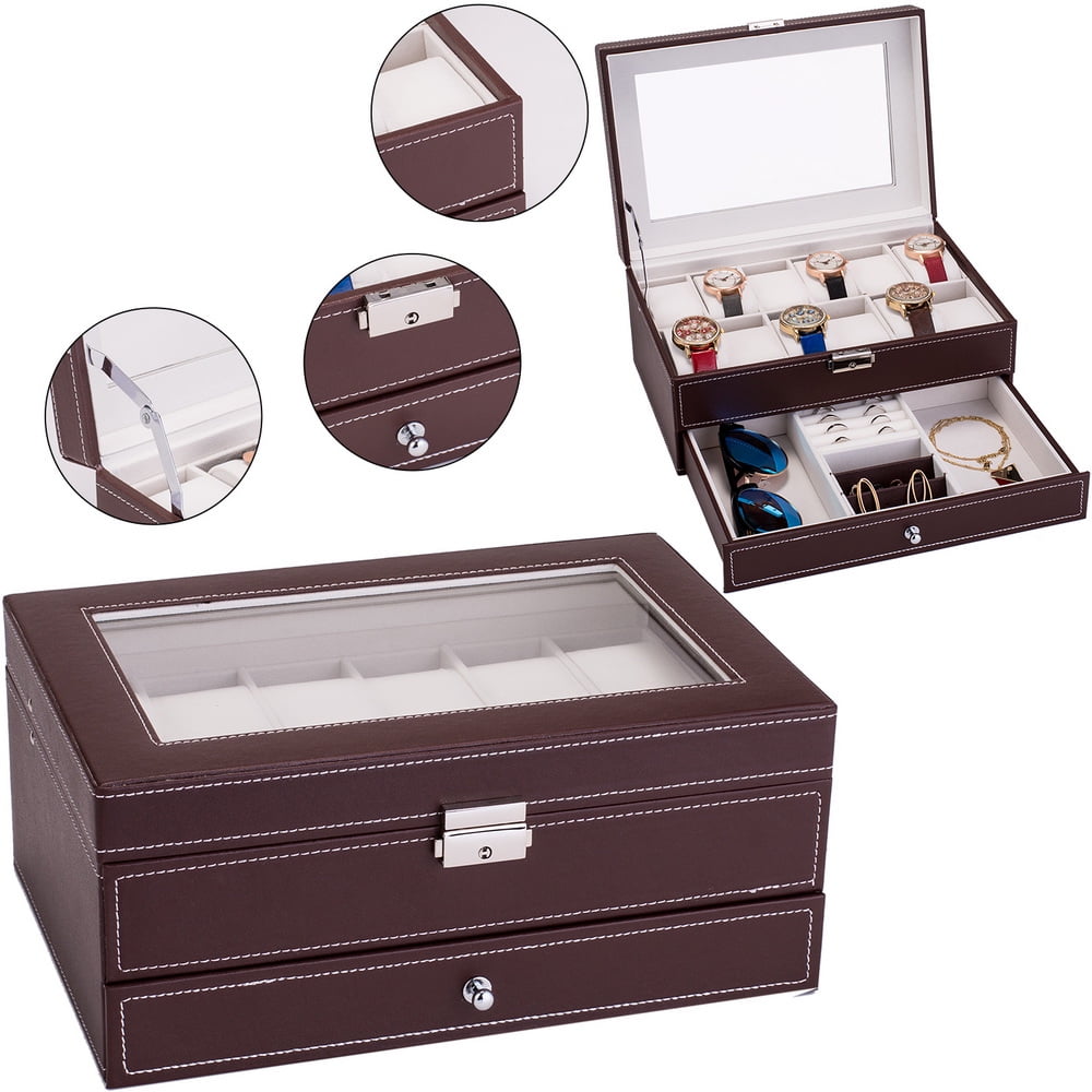 12 slots Leather Watch Box Mens Lockable Jewelry Display Case