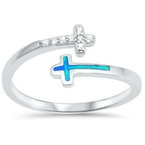 CHOOSE YOUR COLOR Clear CZ Blue Simulated Opal Open Cross Ring .925 Sterling Silver Band White Female Size 9