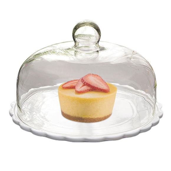 PRETYZOOM Ceramic Cake Stand with Lid Glass Dome Cake Cover 9 Inch Dessert Server Clear Cupcake Stand Food Serving Tray for Home Restaurant Party