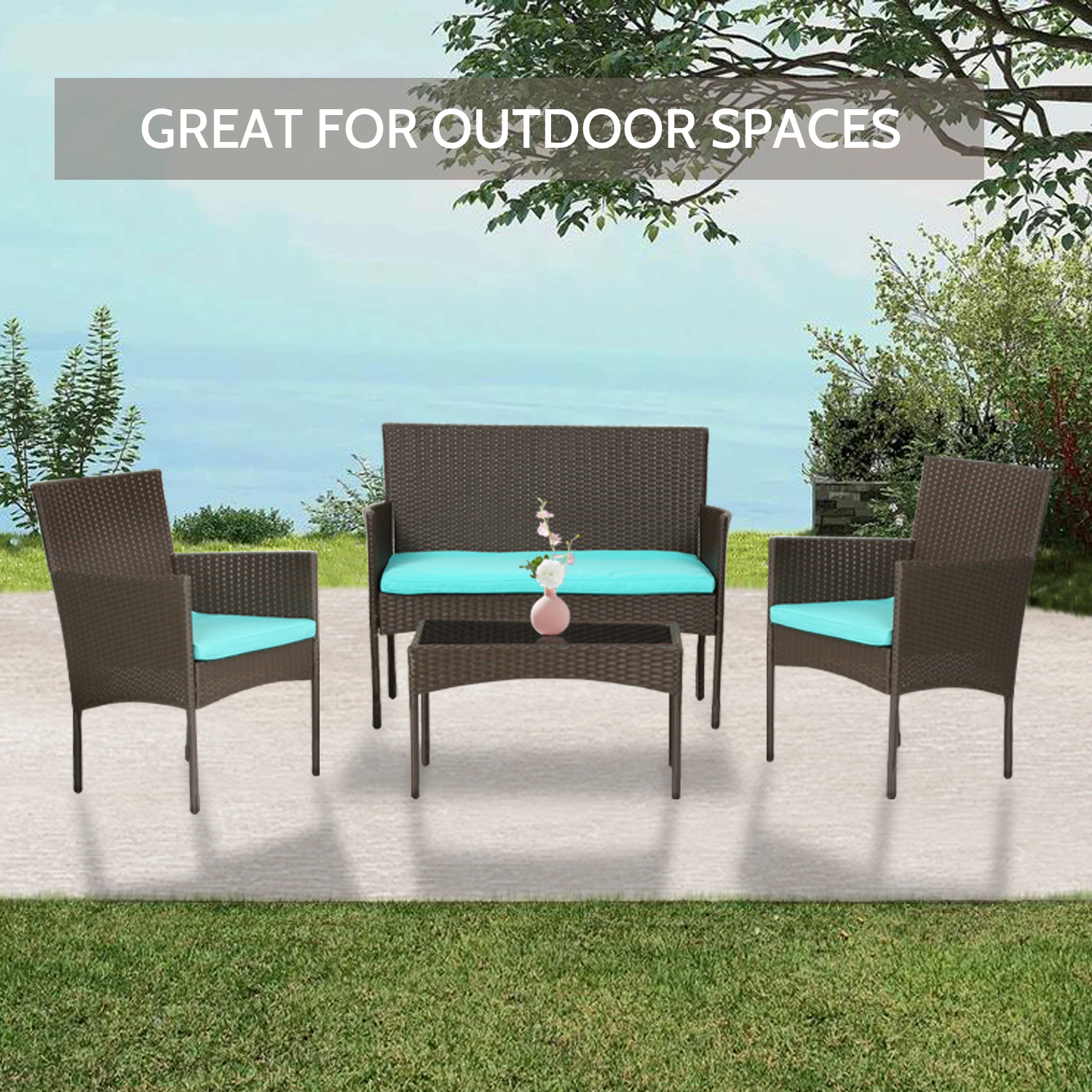 4 Pieces Patio Furniture Set Wicker Patio Conversation Set with Rattan Chair Loveseats Coffee Table for Outdoor Indoor Garden Backyard Porch Poolside Balcony,Brown Wicker/Blue Cushions - image 3 of 7