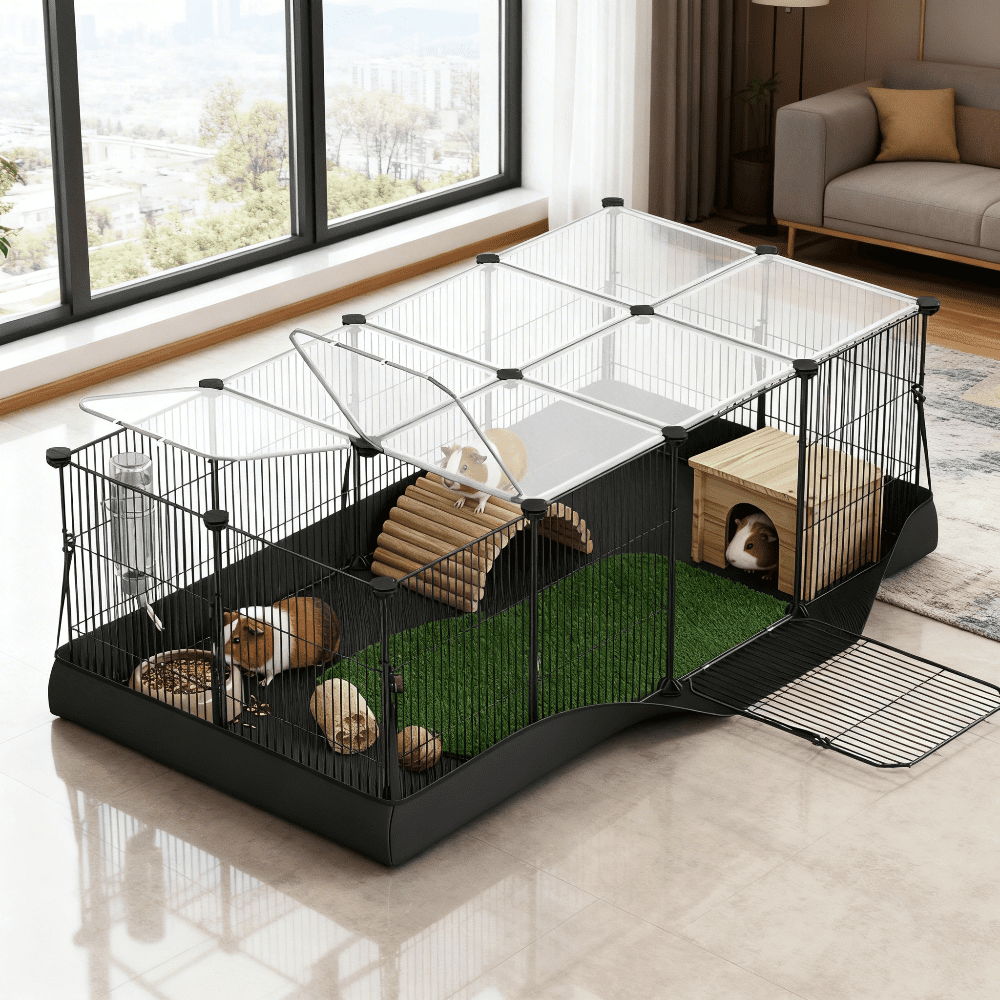 LEDREM 20-Panel Guinea Pig Cage with Waterproof Mat, Small Animal Playpen with Top & Side Doors, for Rabbits, Hamsters, 48.4 x 24.8 x 16.3 Inches, Ink Black